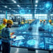 The image depicts a hightech extrusion manufacturing facility bustling with activity In the foreground a group of engineers huddles around a large digital display screen analyzing realtime data visualizations and predictive analytics metrics Behind t-1