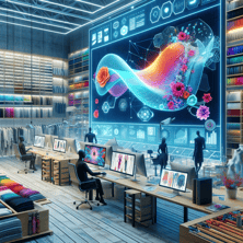 DALL·E 2024-01-09 21.59.41 - An innovative design studio where generative AI is used to create new fashion designs. The studio is vibrant and futuristic, with designers working al